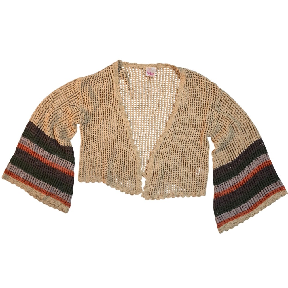 So Me Tan Crochet Open Knit Cardigan Striped Bell Sleeve Cotton Women's Small